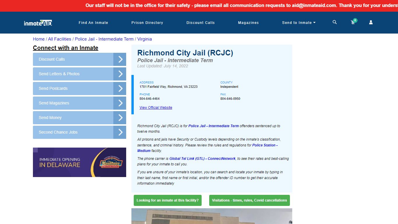Richmond City Jail (RCJC) & Inmate Search - Richmond, VA