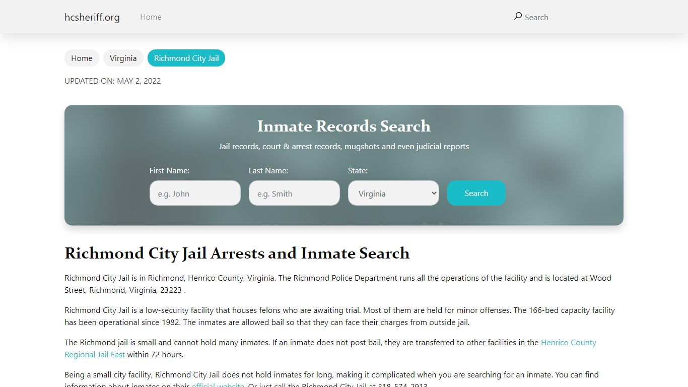 Richmond City Jail Arrests and Inmate Search